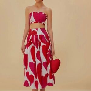 Farm Rio Off-White Painted Hearts Midi Skirt